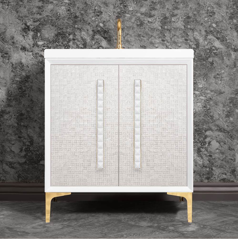 Linkasink - MOTHER OF PEARL with 18'' Artisan Glass Pyramid Hardware 30'' Wide Vanity, White, Polished Brass Hardware, 30'' x 22'' x 33.5'' (without vanity top) - Polished Brass with White Pyramid Glass