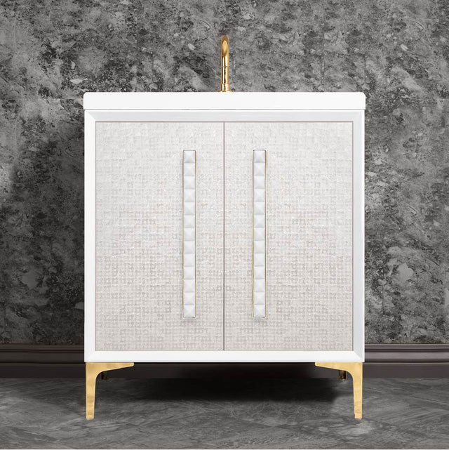 Linkasink - MOTHER OF PEARL with 18'' Artisan Glass Pyramid Hardware 30'' Wide Vanity, White, Polished Brass Hardware, 30'' x 22'' x 33.5'' (without vanity top) - Polished Brass with White Pyramid Glass