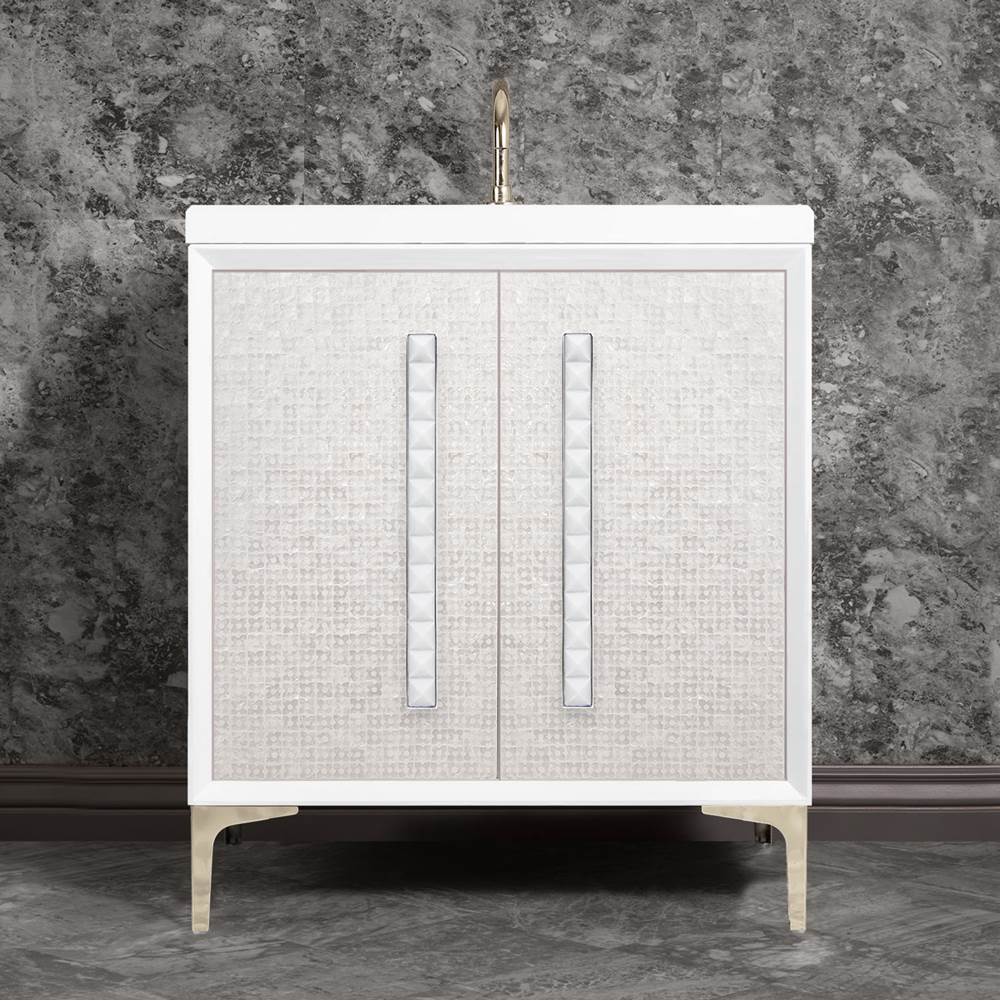 Linkasink - MOTHER OF PEARL with 18'' Artisan Glass Pyramid Hardware 30'' Wide Vanity, White, Polished Nickel Hardware, 30'' x 22'' x 33.5'' (without vanity top) - Polished Nickel with White Pyramid Glass
