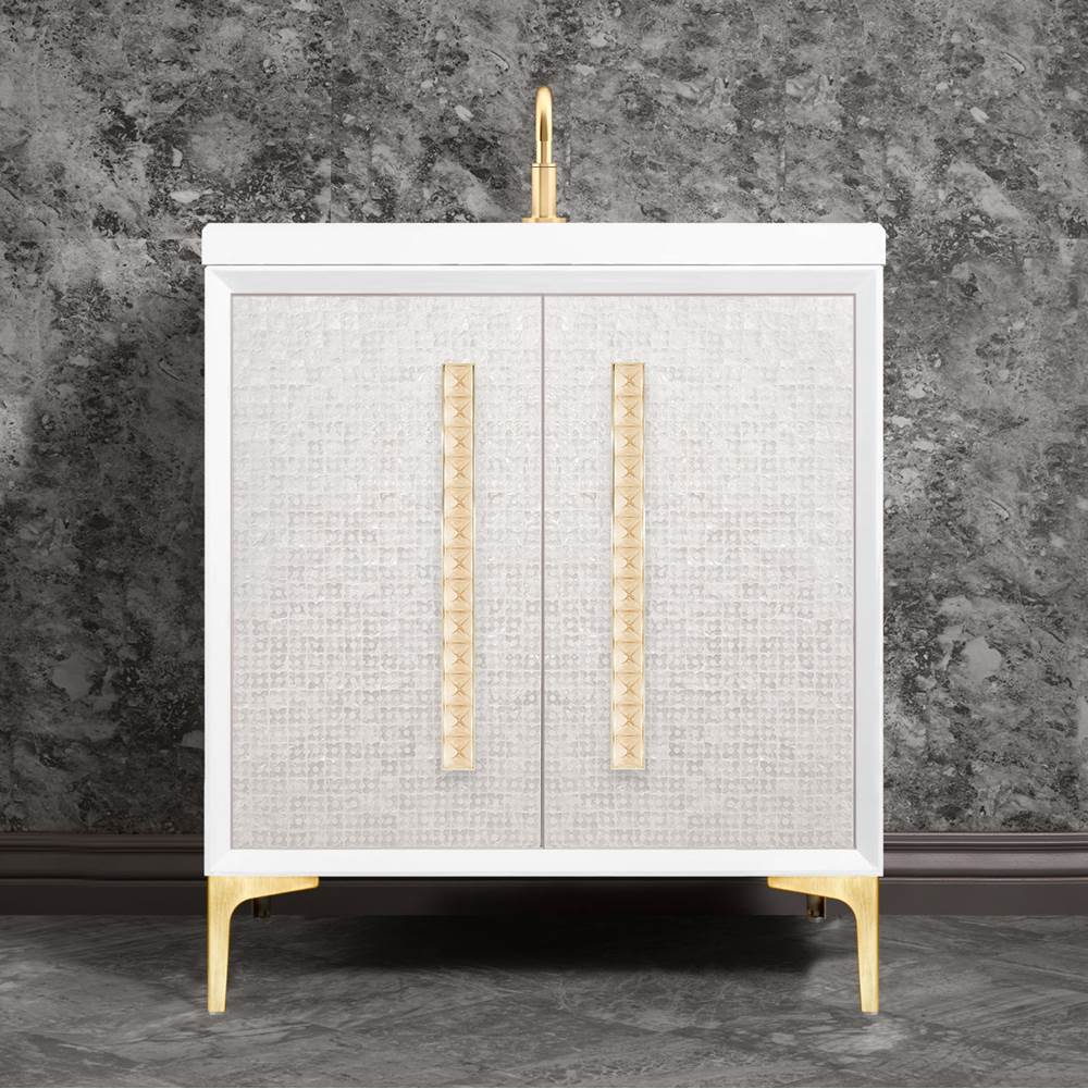 Linkasink - MOTHER OF PEARL with 18'' Artisan Glass Pyramid Hardware 30'' Wide Vanity, White, Satin Brass Hardware, 30'' x 22'' x 33.5'' (without vanity top) - Satin Brass with Ã‰glomisÃ© Pyramid Glass