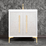 Linkasink - MOTHER OF PEARL with 18'' Artisan Glass Pyramid Hardware 30'' Wide Vanity, White, Satin Brass Hardware, 30'' x 22'' x 33.5'' (without vanity top) - Satin Brass with Ã‰glomisÃ© Pyramid Glass