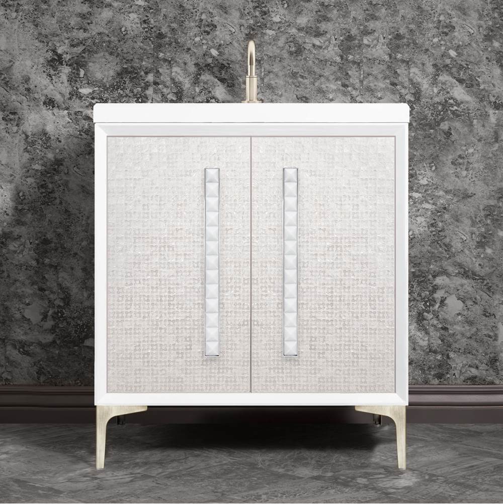 Linkasink - MOTHER OF PEARL with 18'' Artisan Glass Pyramid Hardware 30'' Wide Vanity, White, Satin Nickel Hardware, 30'' x 22'' x 33.5'' (without vanity top) - Satin Nickel with White Pyramid Glass