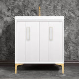 Linkasink - TUXEDO with 8'' Artisan Glass Prism Hardware 30'' Wide Vanity, White, Polished Brass Hardware, 30'' x 22'' x 33.5'' (without vanity top) - Polished Brass with White Prism Glass