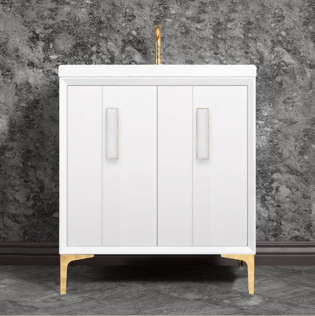 Linkasink - TUXEDO with 8'' Artisan Glass Prism Hardware 30'' Wide Vanity, White, Polished Brass Hardware, 30'' x 22'' x 33.5'' (without vanity top) - Polished Brass with White Prism Glass