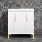 Linkasink - TUXEDO with 8'' Artisan Glass Prism Hardware 30'' Wide Vanity, White, Polished Brass Hardware, 30'' x 22'' x 33.5'' (without vanity top) - Polished Brass with White Tiger Prism Glass