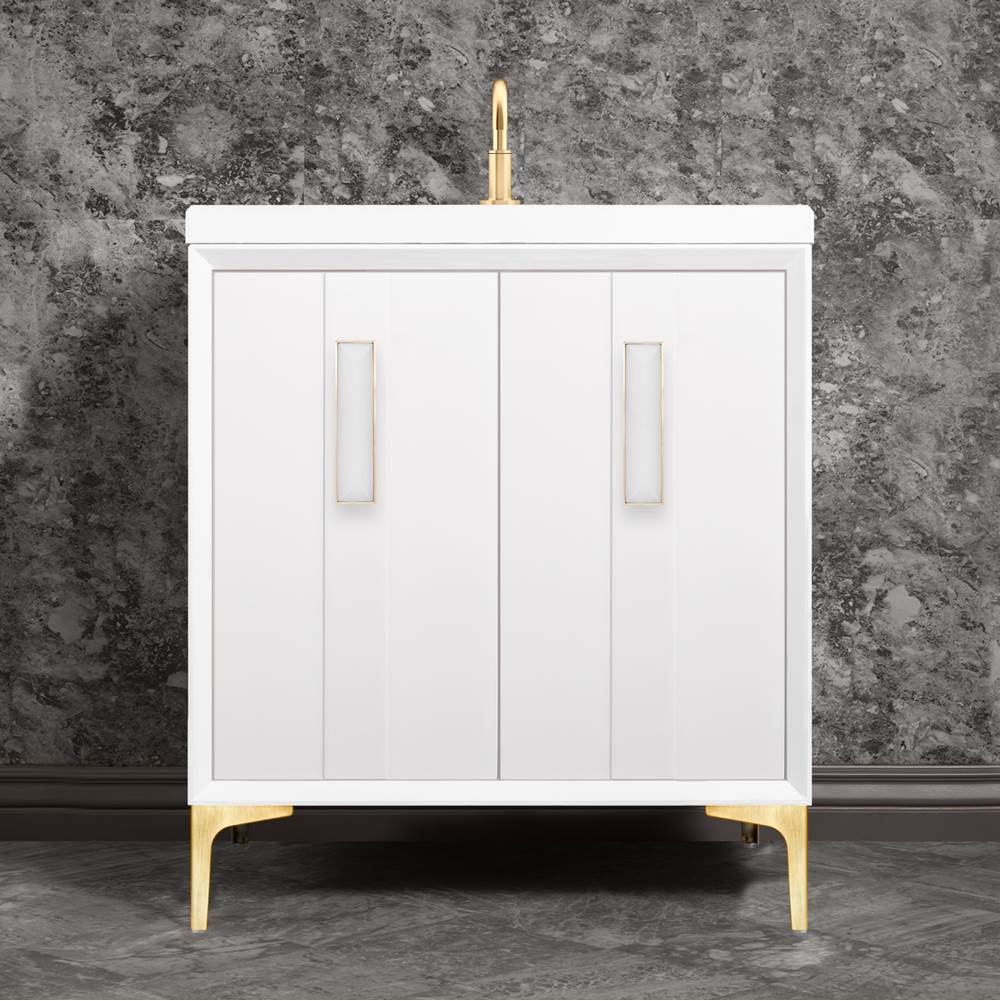 Linkasink - TUXEDO with 8'' Artisan Glass Prism Hardware 30'' Wide Vanity, White, Satin Brass Hardware, 30'' x 22'' x 33.5'' (without vanity top) - Satin Brass with White Prism Glass