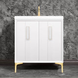Linkasink - TUXEDO with 8'' Artisan Glass Prism Hardware 30'' Wide Vanity, White, Satin Brass Hardware, 30'' x 22'' x 33.5'' (without vanity top) - Satin Brass with White Prism Glass