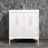 Linkasink - Tuxedo with 8'' White Tiger Artisan Glass Prism, 30'' Wide Vanity, White, Satin Brass Hardware with White Glass, 30'' x 22'' x 33.5'' (without vanity top) - Satin Brass with White Tiger Prism Glass
