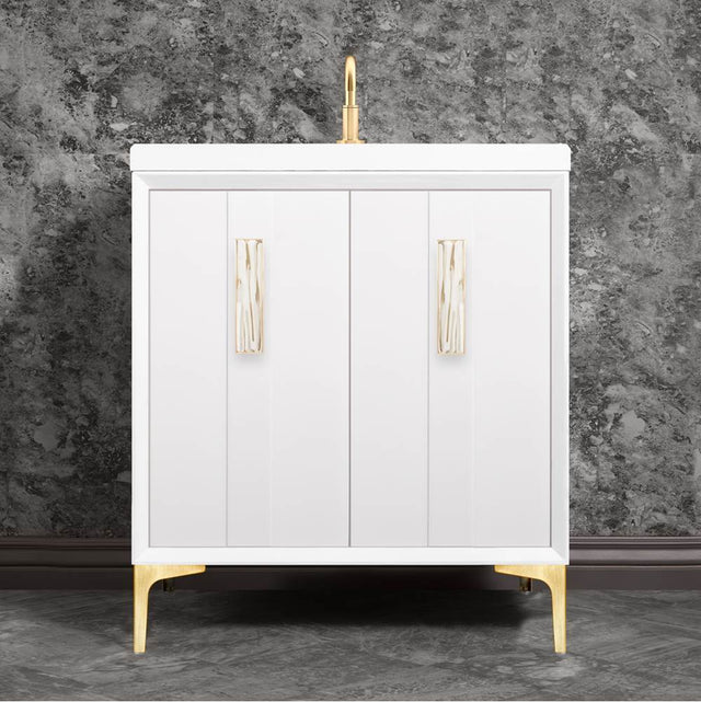 Linkasink - Tuxedo with 8'' White Tiger Artisan Glass Prism, 30'' Wide Vanity, White, Satin Brass Hardware with White Glass, 30'' x 22'' x 33.5'' (without vanity top) - Satin Brass with White Tiger Prism Glass