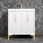 Linkasink - Tuxedo with 8'' White Tiger Artisan Glass Prism, 30'' Wide Vanity, White, Satin Brass Hardware with White Glass, 30'' x 22'' x 33.5'' (without vanity top) - Satin Brass with White Tiger Prism Glass