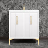 Linkasink - TUXEDO with 8'' Artisan Glass Prism Hardware 30'' Wide Vanity, White, Satin Brass Hardware, 30'' x 22'' x 33.5'' (without vanity top) - Satin Brass with Eglomise Prism Glass