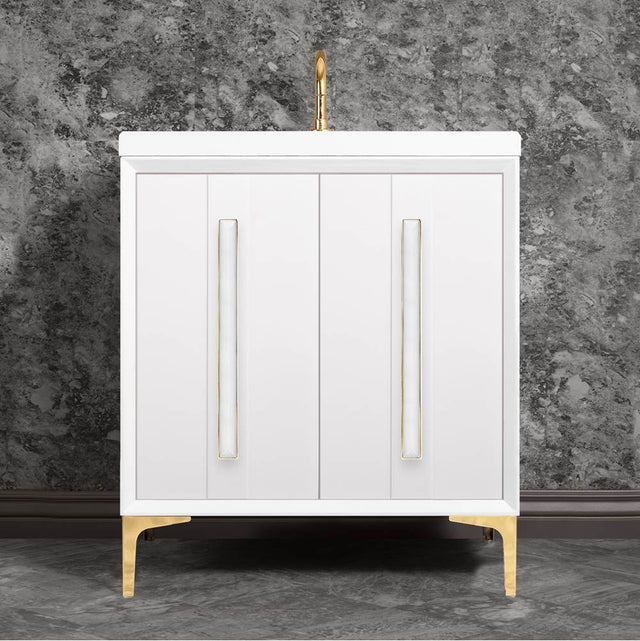 Linkasink - TUXEDO with 18'' Artisan Glass Prism Hardware 30'' Wide Vanity, White, Polished Brass Hardware, 30'' x 22'' x 33.5'' (without vanity top) - Polished Brass with White Prism Glass