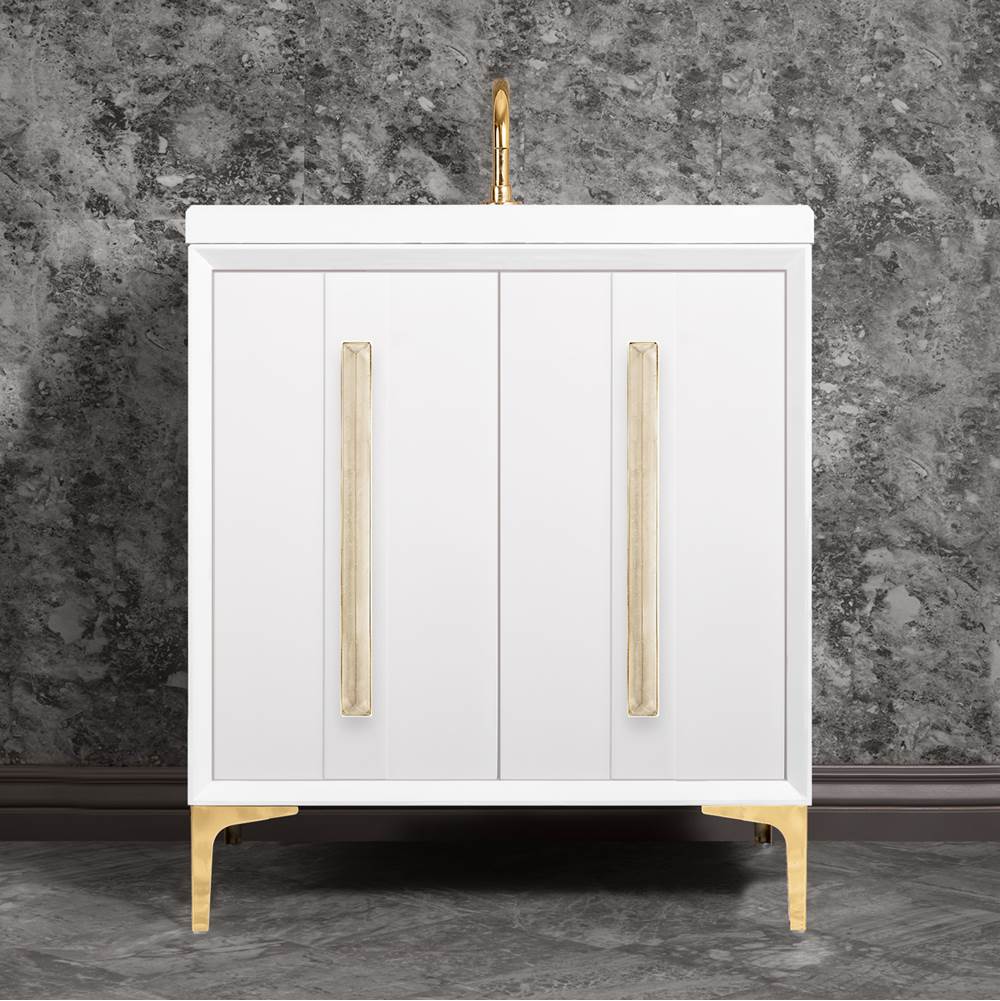 Linkasink - TUXEDO with 18'' Artisan Glass Prism Hardware 30'' Wide Vanity, White, Polished Brass Hardware, 30'' x 22'' x 33.5'' (without vanity top) - Polished Brass with Eglomise Prism Glass