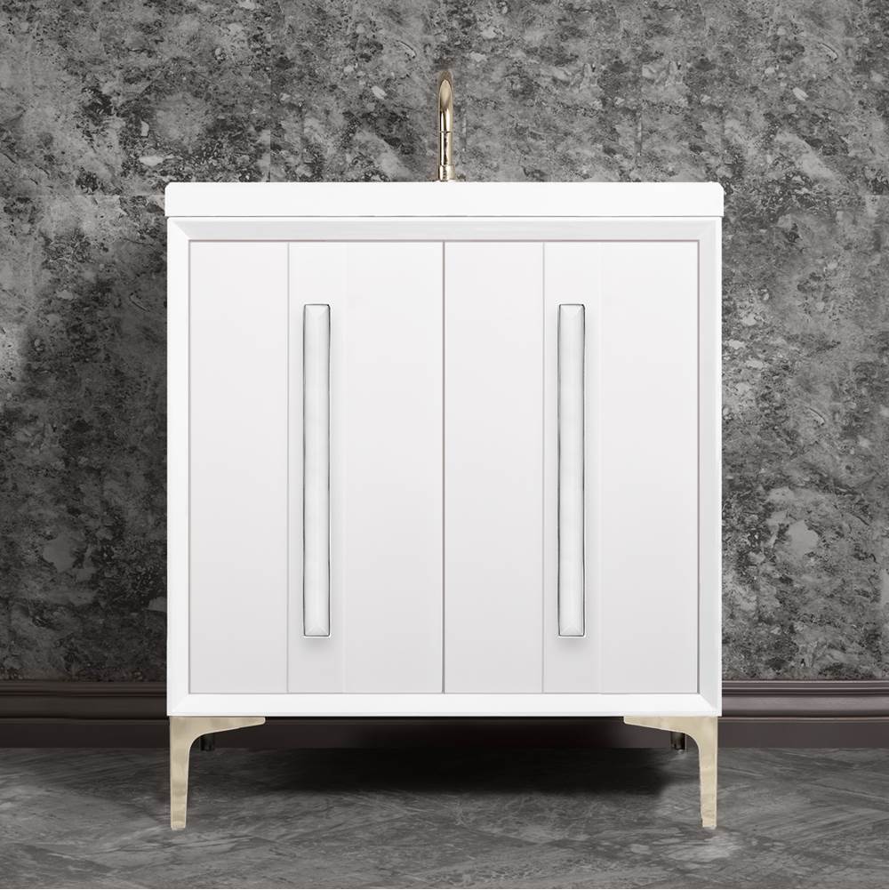 Linkasink - TUXEDO with 18'' Artisan Glass Prism Hardware 30'' Wide Vanity, White, Polished Nickel Hardware, 30'' x 22'' x 33.5'' (without vanity top) - Polished Nickel with White Prism Glass