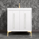 Linkasink - TUXEDO with 18'' Artisan Glass Prism Hardware 30'' Wide Vanity, White, Satin Brass Hardware, 30'' x 22'' x 33.5'' (without vanity top) - Satin Brass with White Prism Glass