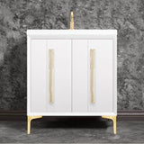 Linkasink - TUXEDO with 18'' Artisan Glass Prism Hardware 30'' Wide Vanity, White, Satin Brass Hardware, 30'' x 22'' x 33.5'' (without vanity top) - Satin Brass with Eglomise Prism Glass