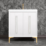 Linkasink - TUXEDO with 18'' Artisan Glass Pyramid Hardware 30'' Wide Vanity, White, Polished Brass Hardware, 30'' x 22'' x 33.5'' (without vanity top) - Polished Brass with White Pyramid Glass
