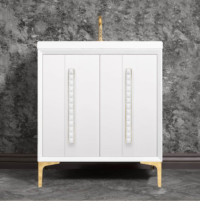 Linkasink - TUXEDO with 18'' Artisan Glass Pyramid Hardware 30'' Wide Vanity, White, Polished Brass Hardware, 30'' x 22'' x 33.5'' (without vanity top) - Polished Brass with White Pyramid Glass