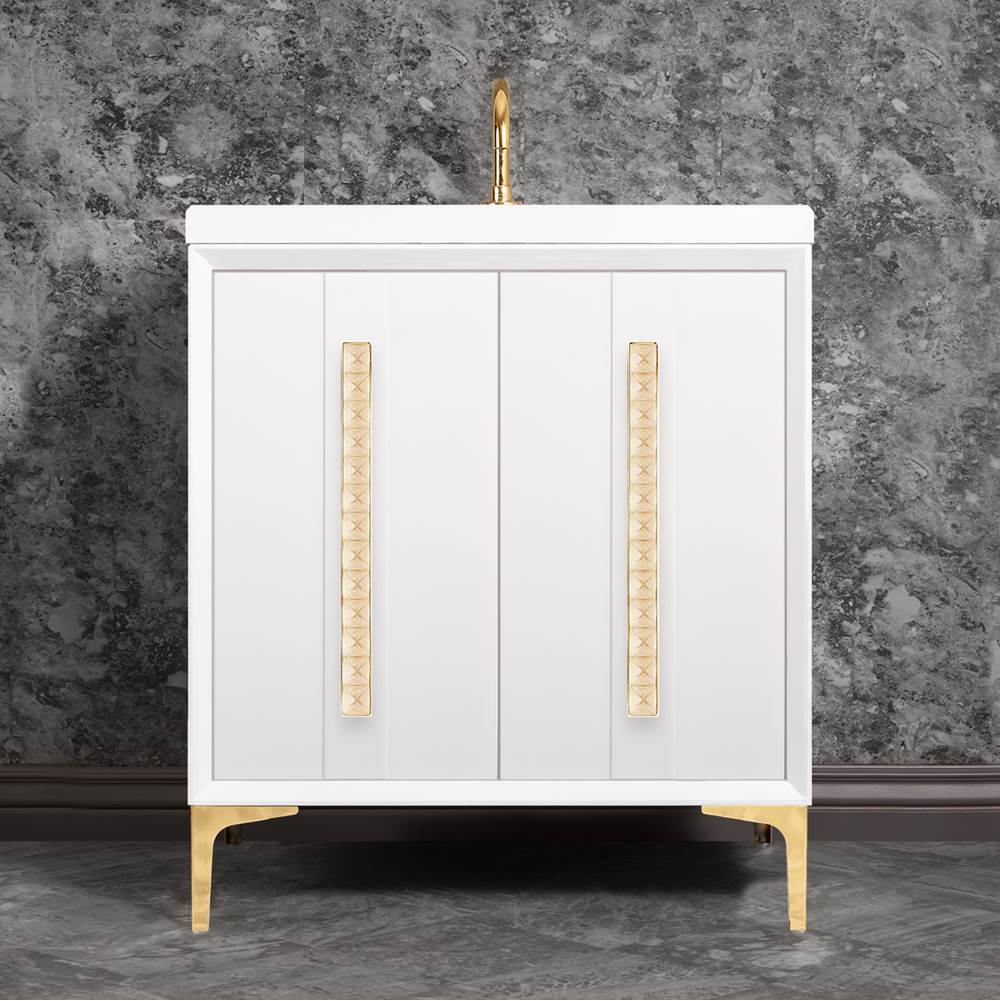 Linkasink - TUXEDO with 18'' Artisan Glass Pyramid Hardware 30'' Wide Vanity, White, Polished Brass Hardware, 30'' x 22'' x 33.5'' (without vanity top) - Polished Brass with Ã‰glomisÃ© Pyramid Glass