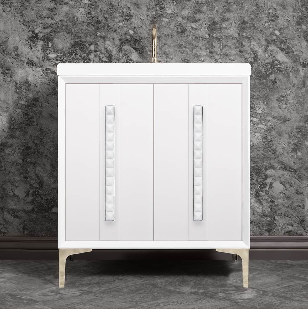 Linkasink - TUXEDO with 18'' Artisan Glass Pyramid Hardware 30'' Wide Vanity, White, Polished Nickel Hardware, 30'' x 22'' x 33.5'' (without vanity top) - Polished Nickel with White Pyramid Glass