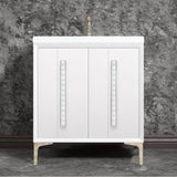 Linkasink - TUXEDO with 18'' Artisan Glass Pyramid Hardware 30'' Wide Vanity, White, Polished Nickel Hardware, 30'' x 22'' x 33.5'' (without vanity top) - Polished Nickel with White Pyramid Glass