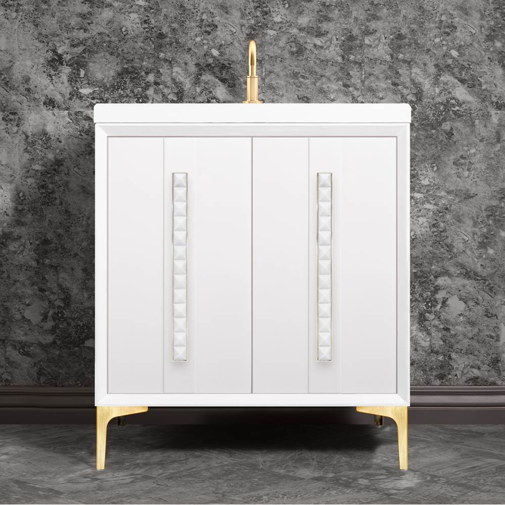 Linkasink - TUXEDO with 18'' Artisan Glass Pyramid Hardware 30'' Wide Vanity, White, Satin Brass Hardware, 30'' x 22'' x 33.5'' (without vanity top) - Satin Brass with White Pyramid Glass