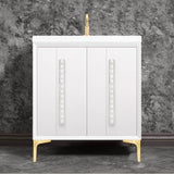 Linkasink - TUXEDO with 18'' Artisan Glass Pyramid Hardware 30'' Wide Vanity, White, Satin Brass Hardware, 30'' x 22'' x 33.5'' (without vanity top) - Satin Brass with White Pyramid Glass