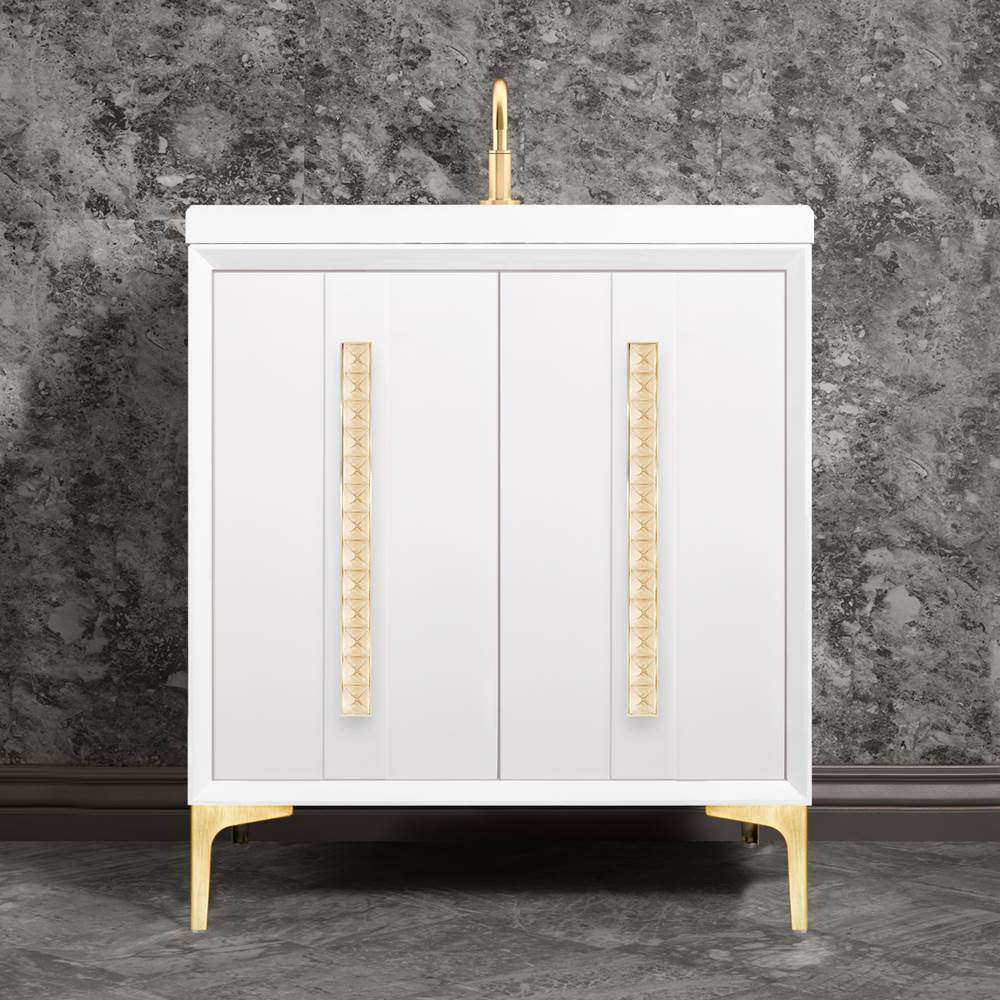 Linkasink - TUXEDO with 18'' Artisan Glass Pyramid Hardware 30'' Wide Vanity, White, Satin Brass Hardware, 30'' x 22'' x 33.5'' (without vanity top) - Satin Brass with Ã‰glomisÃ© Pyramid Glass