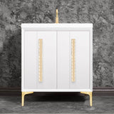 Linkasink - TUXEDO with 18'' Artisan Glass Pyramid Hardware 30'' Wide Vanity, White, Satin Brass Hardware, 30'' x 22'' x 33.5'' (without vanity top) - Satin Brass with Ã‰glomisÃ© Pyramid Glass