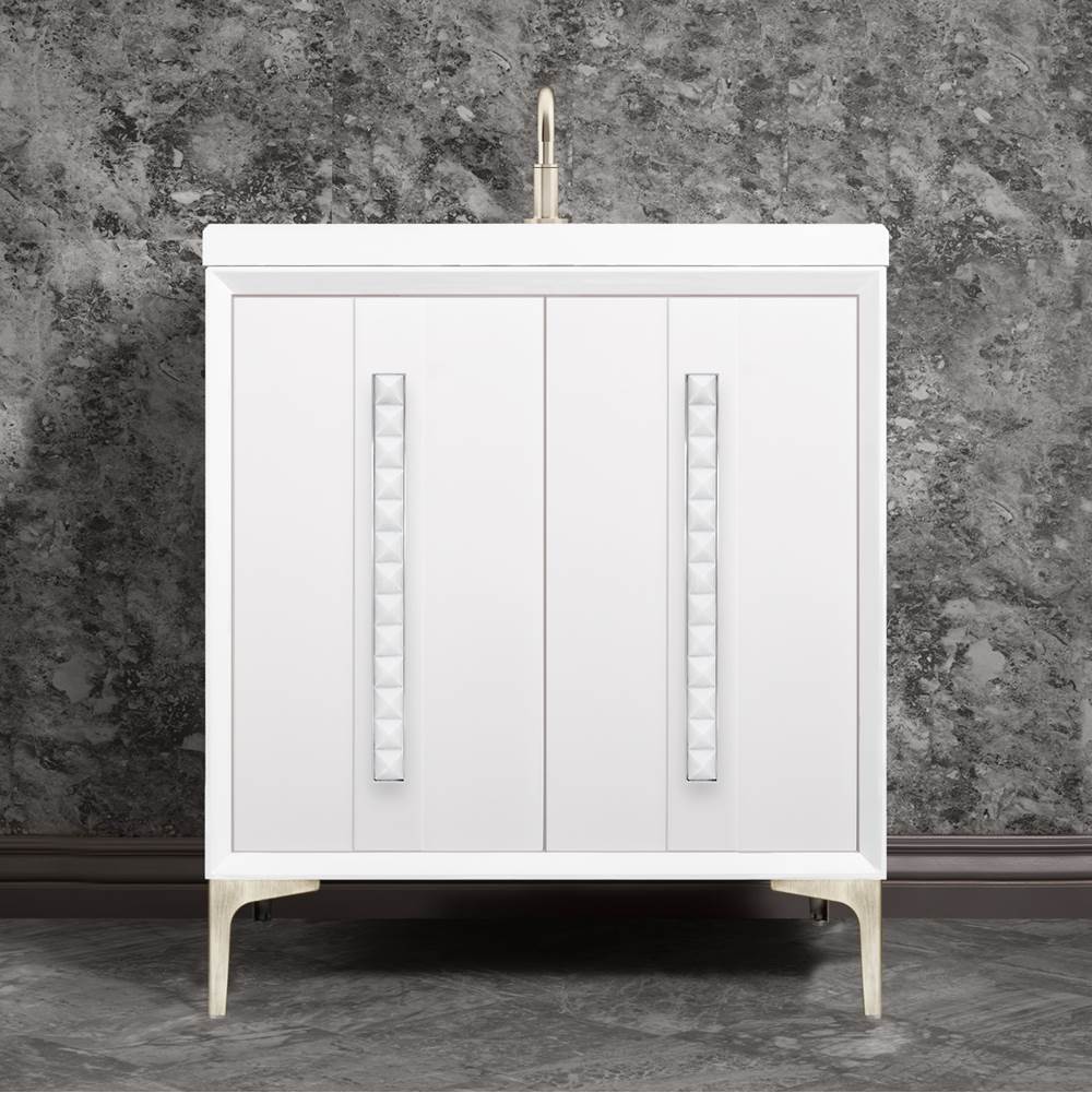 Linkasink - TUXEDO with 18'' Artisan Glass Pyramid Hardware 30'' Wide Vanity, White, Satin Nickel Hardware, 30'' x 22'' x 33.5'' (without vanity top) - Satin Nickel with White Pyramid Glass