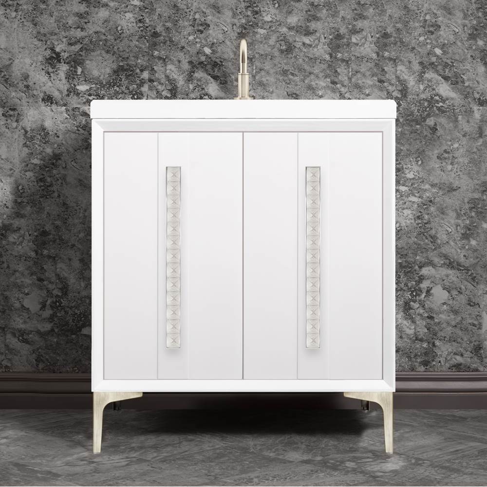 Linkasink - TUXEDO with 18'' Artisan Glass Pyramid Hardware 30'' Wide Vanity, White, Satin Nickel Hardware, 30'' x 22'' x 33.5'' (without vanity top) - Satin Nickel with Eglomise Pyramid Glass