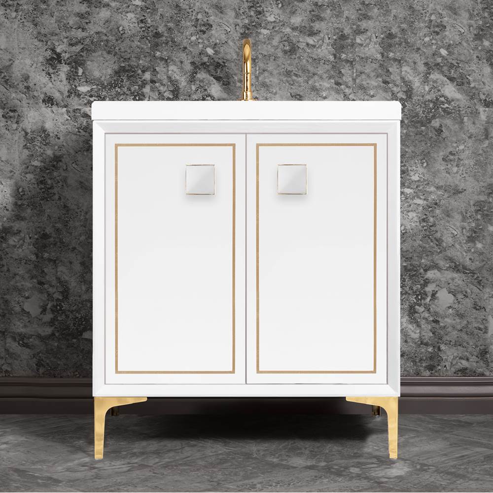 Linkasink - LINEA with 3'' Artisan Glass Prism Hardware 30'' Wide Vanity, White, Polished Brass Hardware, 30'' x 22'' x 33.5'' (without vanity top) - Polished Brass with White Prism Glass