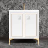 Linkasink - LINEA with 3'' Artisan Glass Prism Hardware 30'' Wide Vanity, White, Polished Brass Hardware, 30'' x 22'' x 33.5'' (without vanity top) - Polished Brass with White Prism Glass