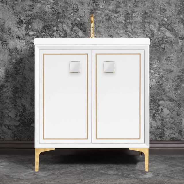 Linkasink - LINEA with 3'' Artisan Glass Prism Hardware 30'' Wide Vanity, White, Polished Brass Hardware, 30'' x 22'' x 33.5'' (without vanity top) - Polished Brass with White Prism Glass