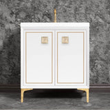 Linkasink - LINEA with 3'' Artisan Glass Prism Hardware 30'' Wide Vanity, White, Polished Brass Hardware, 30'' x 22'' x 33.5'' (without vanity top) - Polished Brass with Eglomise Prism Glass