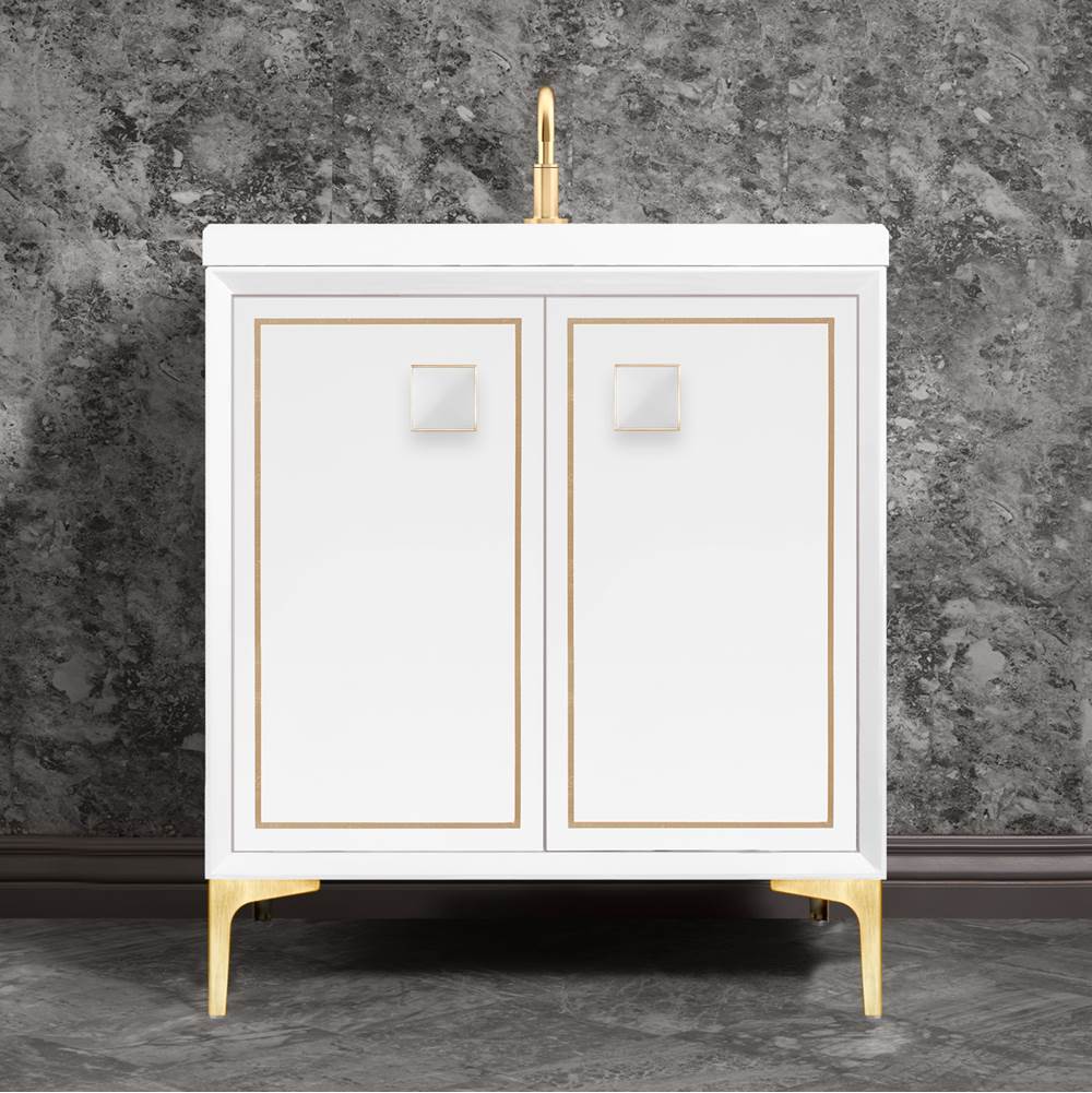 Linkasink - LINEA with 3'' Artisan Glass Prism Hardware 30'' Wide Vanity, White, Satin Brass Hardware, 30'' x 22'' x 33.5'' (without vanity top) - Satin Brass with White Prism Glass