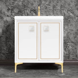 Linkasink - LINEA with 3'' Artisan Glass Prism Hardware 30'' Wide Vanity, White, Satin Brass Hardware, 30'' x 22'' x 33.5'' (without vanity top) - Satin Brass with White Prism Glass