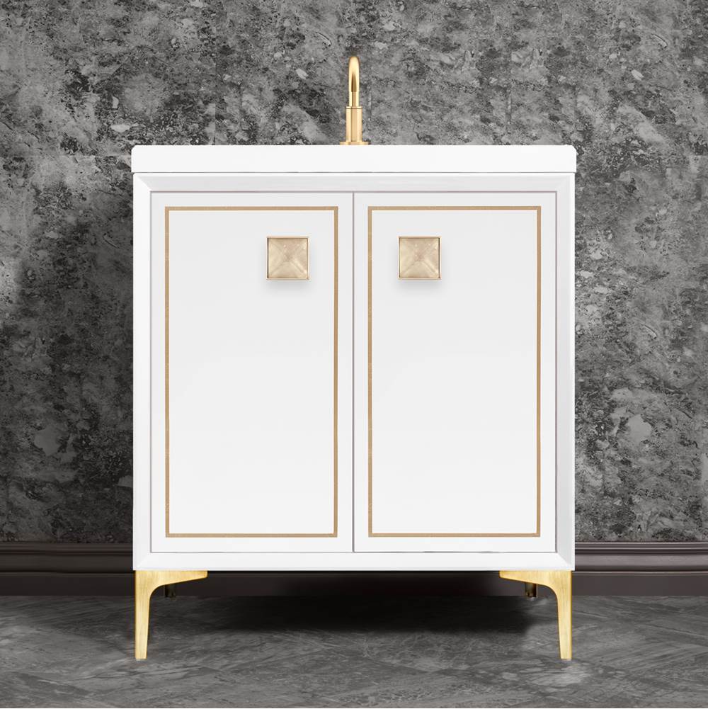 Linkasink - LINEA with 3'' Artisan Glass Prism Hardware 30'' Wide Vanity, White, Satin Brass Hardware, 30'' x 22'' x 33.5'' (without vanity top) - Satin Brass with Eglomise Prism Glass