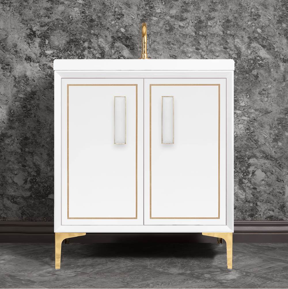 Linkasink - LINEA with 8'' Artisan Glass Prism Hardware 30'' Wide Vanity, White, Polished Brass Hardware, 30'' x 22'' x 33.5'' (without vanity top) - Polished Brass with White Prism Glass