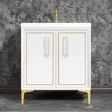 Linkasink - LINEA with 8'' Artisan Glass Prism Hardware 30'' Wide Vanity, White, Polished Brass Hardware, 30'' x 22'' x 33.5'' (without vanity top) - Polished Brass with White Prism Glass