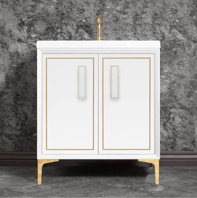 Linkasink - LINEA with 8'' Artisan Glass Prism Hardware 30'' Wide Vanity, White, Polished Brass Hardware, 30'' x 22'' x 33.5'' (without vanity top) - Polished Brass with White Prism Glass