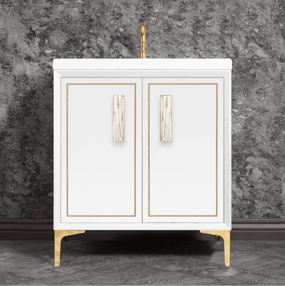 Linkasink - LINEA with 8'' Artisan Glass Prism Hardware 30'' Wide Vanity, White, Polished Brass Hardware, 30'' x 22'' x 33.5'' (without vanity top) - Polished Brass with White Tiger Prism Glass