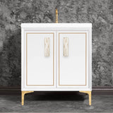 Linkasink - LINEA with 8'' Artisan Glass Prism Hardware 30'' Wide Vanity, White, Polished Brass Hardware, 30'' x 22'' x 33.5'' (without vanity top) - Polished Brass with White Tiger Prism Glass