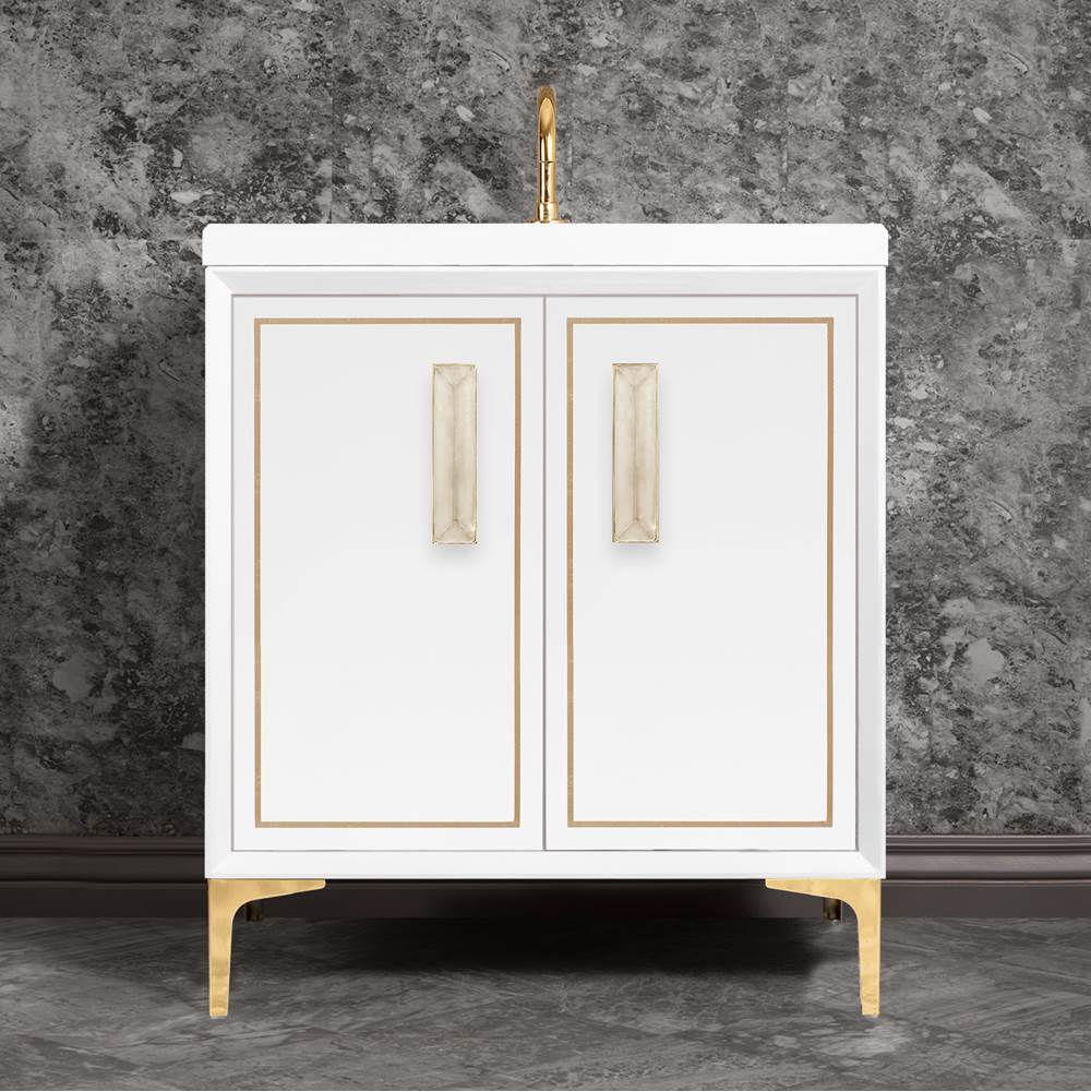 Linkasink - LINEA with 8'' Artisan Glass Prism Hardware 30'' Wide Vanity, White, Polished Brass Hardware, 30'' x 22'' x 33.5'' (without vanity top) - Polished Brass with Eglomise Prism Glass