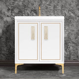 Linkasink - LINEA with 8'' Artisan Glass Prism Hardware 30'' Wide Vanity, White, Polished Brass Hardware, 30'' x 22'' x 33.5'' (without vanity top) - Polished Brass with Eglomise Prism Glass