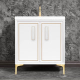 Linkasink - LINEA with 8'' Artisan Glass Prism Hardware 30'' Wide Vanity, White, Satin Brass Hardware, 30'' x 22'' x 33.5'' (without vanity top) - Satin Brass with White Prism Glass
