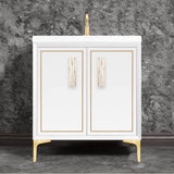Linkasink - Linea with 8'' White Tiger Artisan Glass Prism, 30'' Wide Vanity, White, Satin Brass Hardware with White Glass, 30'' x 22'' x 33.5'' (without vanity top) - Satin Brass with White Tiger Prism Glass