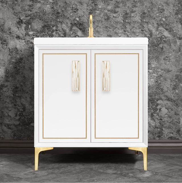 Linkasink - Linea with 8'' White Tiger Artisan Glass Prism, 30'' Wide Vanity, White, Satin Brass Hardware with White Glass, 30'' x 22'' x 33.5'' (without vanity top) - Satin Brass with White Tiger Prism Glass