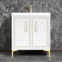 Linkasink - Linea with 8'' White Tiger Artisan Glass Prism, 30'' Wide Vanity, White, Satin Brass Hardware with White Glass, 30'' x 22'' x 33.5'' (without vanity top) - Satin Brass with White Tiger Prism Glass