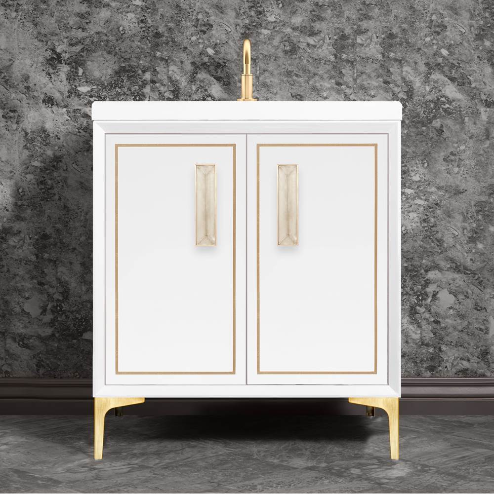 Linkasink - LINEA with 8'' Artisan Glass Prism Hardware 30'' Wide Vanity, White, Satin Brass Hardware, 30'' x 22'' x 33.5'' (without vanity top) - Satin Brass with Eglomise Prism Glass